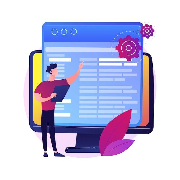 Codificación y desarrollo de sitios web. Soporte técnico. Ingeniería de programación. Codificador, desarrollador web, software informático. Programador personaje plano masculino.