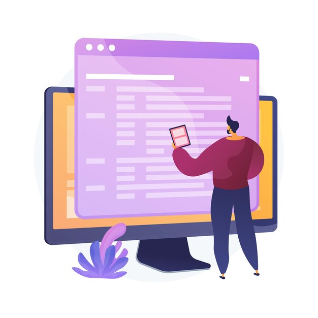 Codificación y desarrollo de sitios web. Soporte técnico. Ingeniería de programación. Codificador, desarrollador web, software informático. Programador personaje plano masculino.