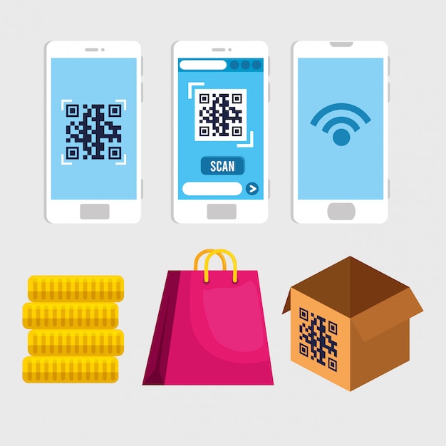 Código QR dentro de diseño de vector de bolsa y caja de monedas de teléfonos inteligentes