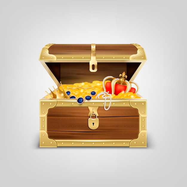 Vector gratuito cofre de madera vieja con tesoros composición realista con imagen de cofre del tesoro lleno de artículos dorados