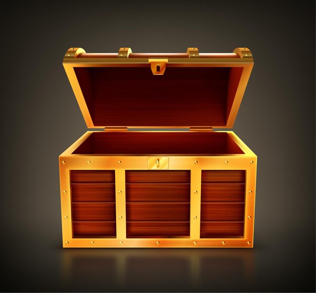 Cofre del tesoro, caja de madera vacía, ataúd abierto con detalles dorados y cerradura.