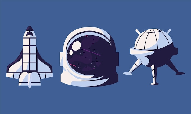 cohete espacial y casco con íconos satelitales