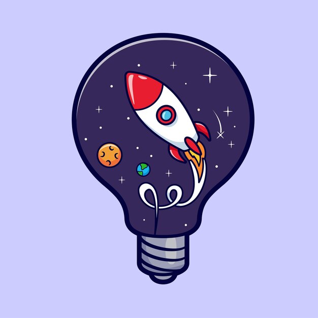 Cohete en el espacio bombilla de luz icono vectorial de dibujos animados ilustración tecnología ciencia icono aislado plano