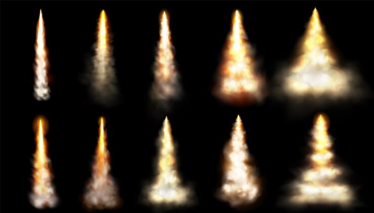 Vector gratuito cohete humo velocidad fuego rastro nube vector efecto aislado 3d realista avión o jet lanzamiento estela llama spray lanzadera o nave espacial despegue explosión en el cielo aeronave condensación pista textura