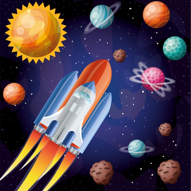 Cohete con llamas y planetas.