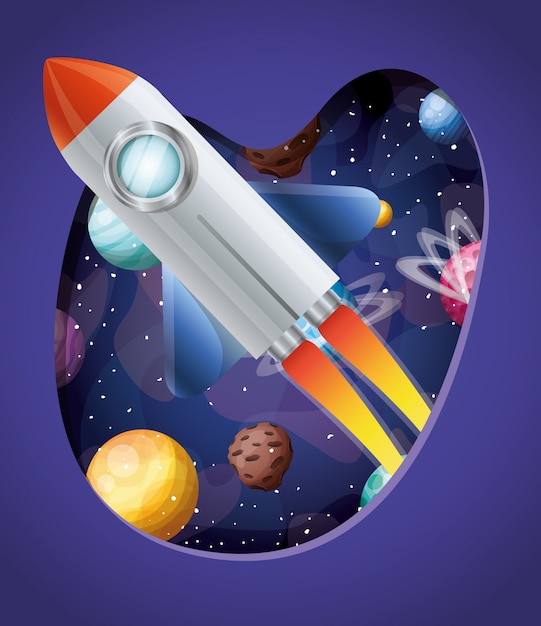 Cohete con llamas y planetas.