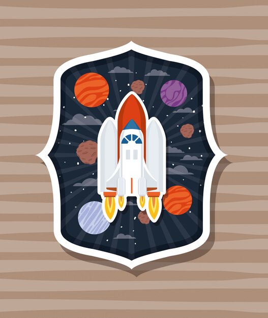 Cohete sobre etiqueta con planetas