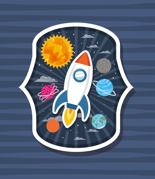 Cohete sobre etiqueta con planetas