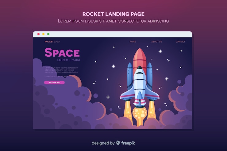 Vector gratuito cohete volando en la página de aterrizaje espacial