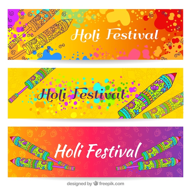 Cohetes de colores holi festival banners