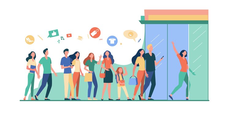 Vector gratuito cola de gente parada en las puertas de vidrio de la tienda