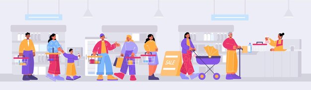 Cola de gente en la tienda ecológica Clientes con carros