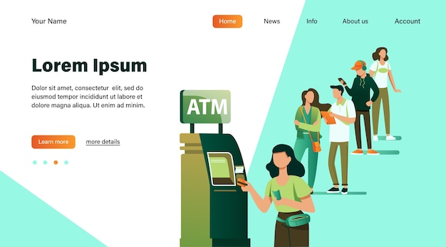 Vector gratuito cola de personas de pie para usar cajero automático. cliente del banco insertando la tarjeta de crédito en la ranura para la transacción. ilustración de vector de negocios, banca, concepto de finanzas