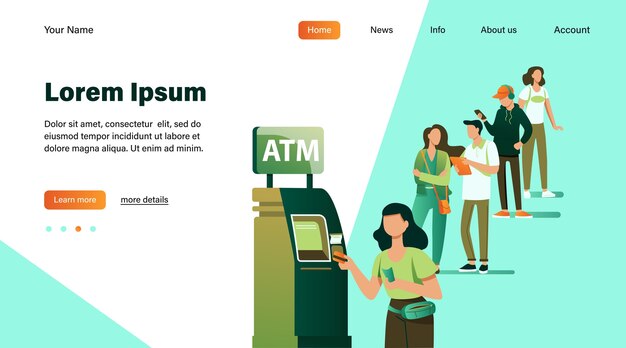 Cola de personas de pie para usar cajero automático. Cliente del banco insertando la tarjeta de crédito en la ranura para la transacción. Ilustración de vector de negocios, banca, concepto de finanzas