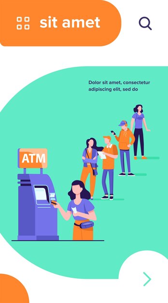 Cola de personas de pie para usar cajero automático. Cliente del banco insertando la tarjeta de crédito en la ranura para la transacción