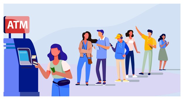 Cola de personas de pie para usar cajeros automáticos