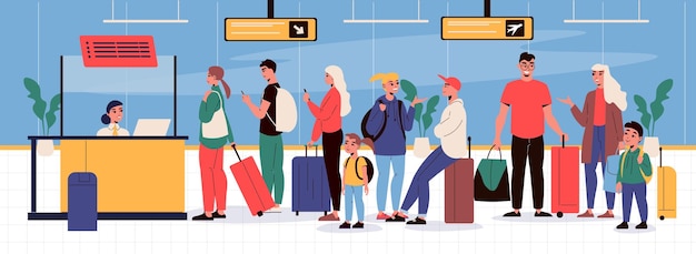 Vector gratuito cola de turistas con equipaje en el mostrador de facturación de salida en el salón del aeropuerto ilustración vectorial plana