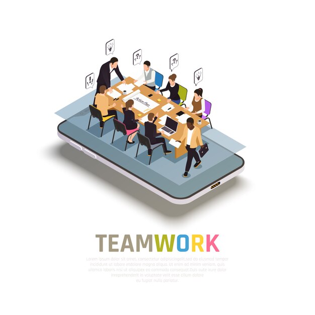 La colaboración del trabajo en equipo beneficia la composición isométrica en el teléfono inteligente con el trabajo en grupo compartiendo ideas para tomar decisiones juntos