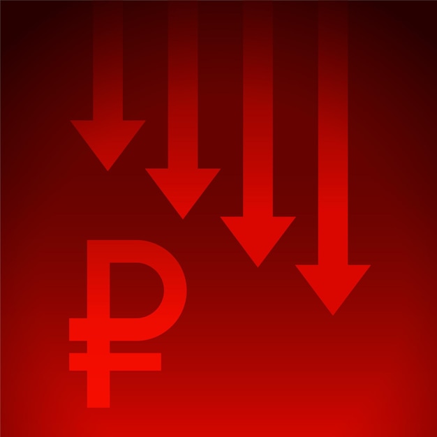 Colapso del rublo ruso con flecha roja caída