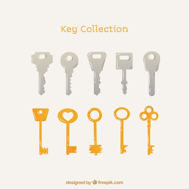 Vector gratuito colección de 10 llaves plateadas y doradas