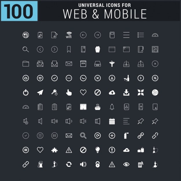 Vector gratuito colección de 100 iconos universales para web en blanco