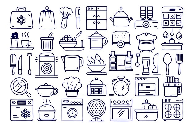 Una colección de 36 iconos de contorno azul relacionados con la cocina y la comida