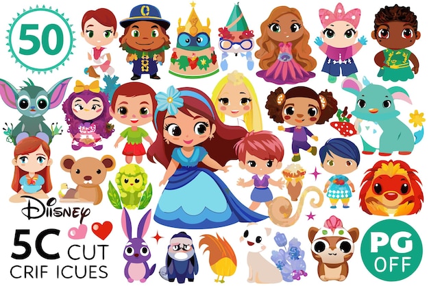 Colección de 50 personajes de dibujos animados incluyendo animales princesas y niños con una clasificación PG