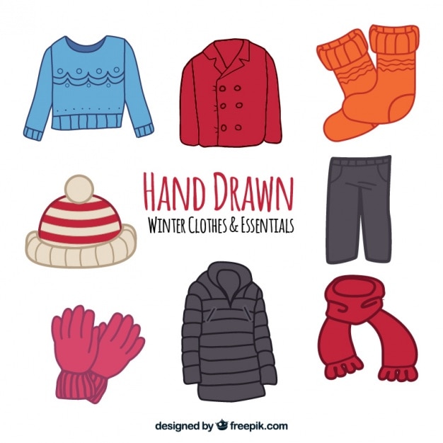 Colección de abrigos y elementos de invierno dibujados a mano 