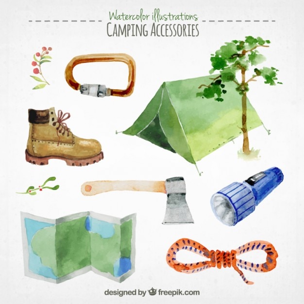 Vector gratuito colección de accesorios de camping acuarela