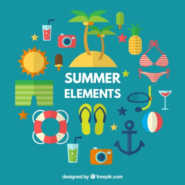 Vector gratuito colección de accesorios y elementos de verano en diseño plano