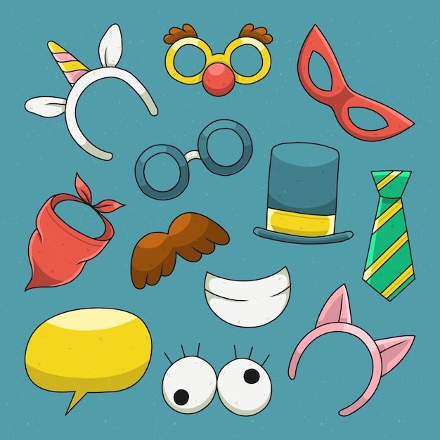 Colección de accesorios para fotomatón de fiesta dibujados a mano