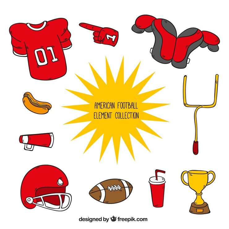 Vector gratuito colección de accesorios de fútbol americano dibujados a mano 