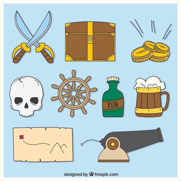 Colección de accesorios de piratas dibujados a mano 
