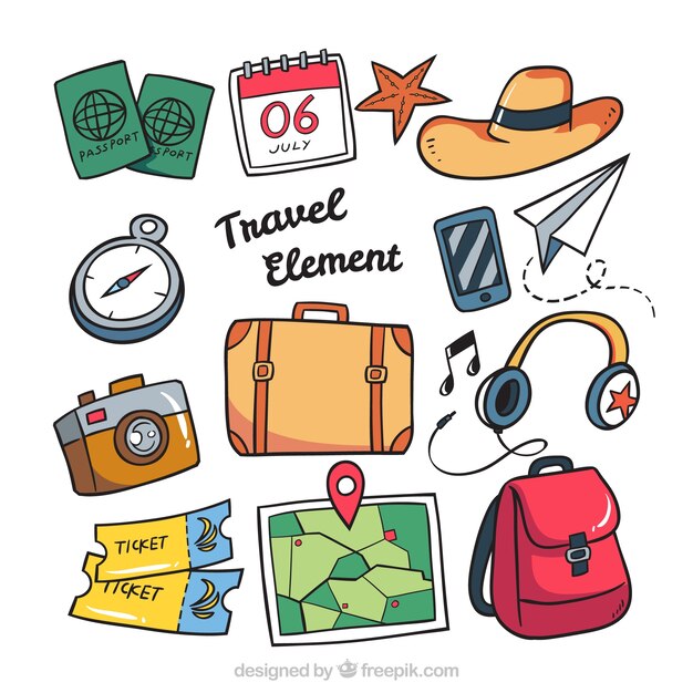 Colección de accesorios de viaje dibujados a mano 