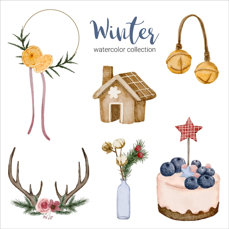 Vector gratuito colección de acuarela de invierno con artículos para uso doméstico.