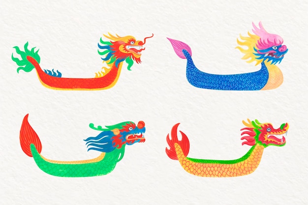 Colección de acuarelas dragón barcos en el agua