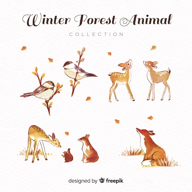 Vector gratuito colección adorable de animales de invierno en acuarela