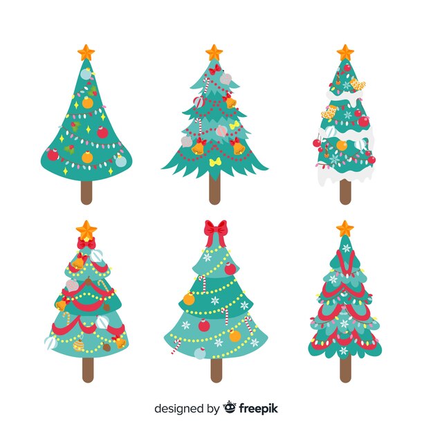 Colección adorable de árboles de navidad con diseño plano
