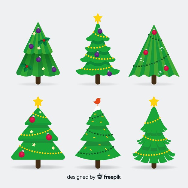 Colección adorable de árboles de navidad con diseño plano