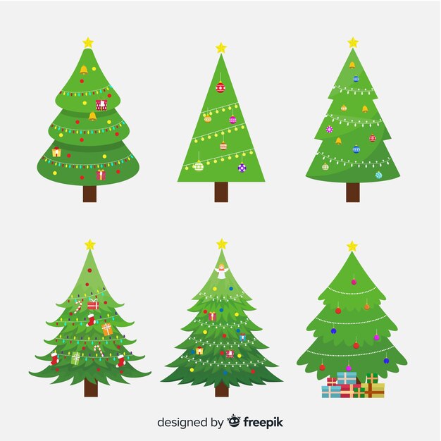 Colección adorable de árboles de navidad con diseño plano