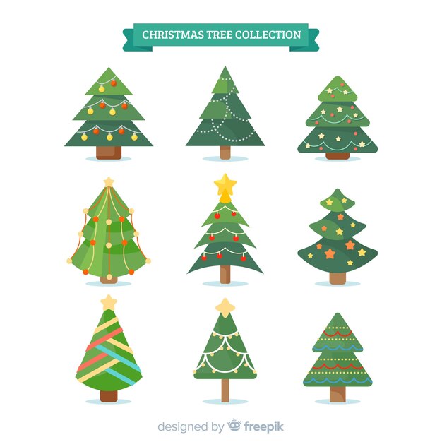 Colección adorable de árboles de navidad con diseño plano