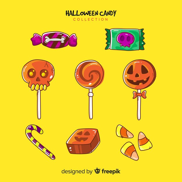 Colección adorable de caramelos de halloween dibujados a mano