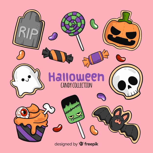 Colección adorable de caramelos de halloween dibujados a mano
