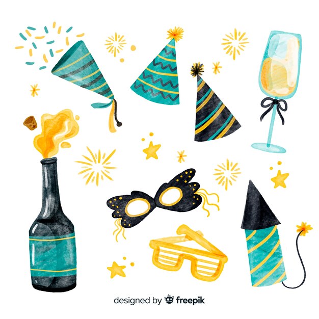 Colección adorable de elementos de fiesta de fin de año en acuarela