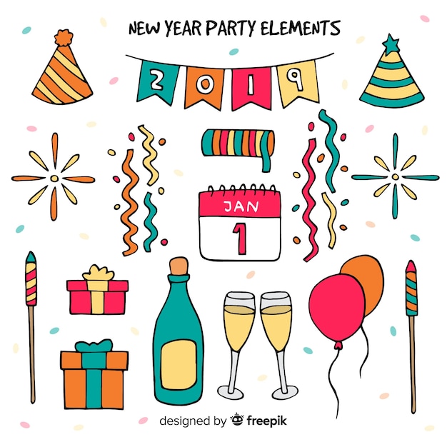 Colección adorable de elementos de fiesta de fin de año dibujados a mano