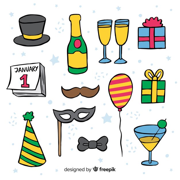 Colección adorable de elementos de fiesta de fin de año dibujados a mano