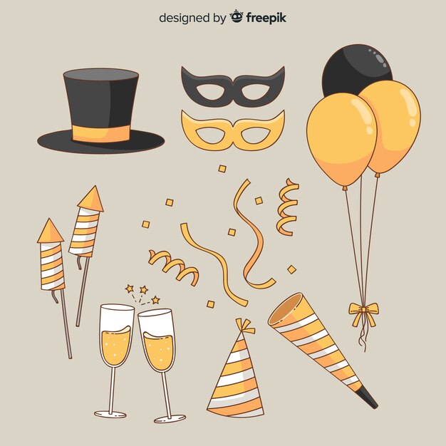 Colección adorable de elementos de fiesta de fin de año dibujados a mano
