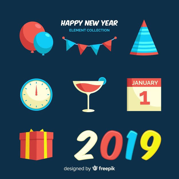 Colección adorable de elementos de fiesta de fin de año con diseño plano