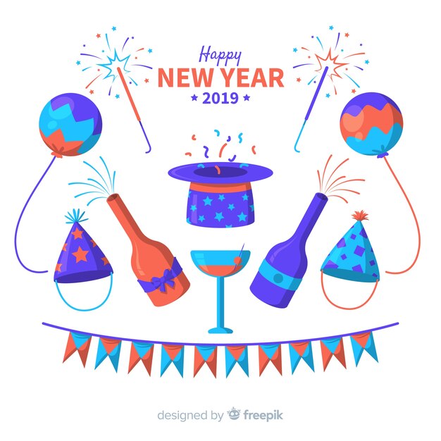 Colección adorable de elementos de fiesta de fin de año con diseño plano