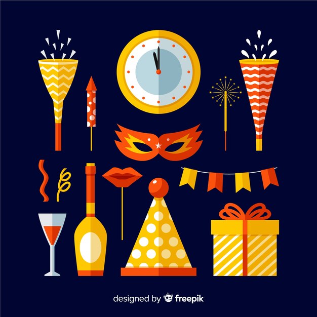 Colección adorable de elementos de fiesta de fin de año con diseño plano